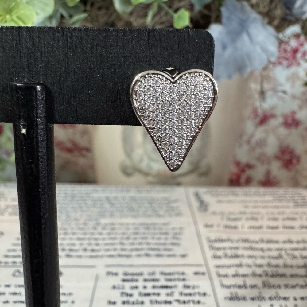 Stainless Steel Heart Pave Stud Earrings - Sparkling Silver Hearts - Picture 2 of 3